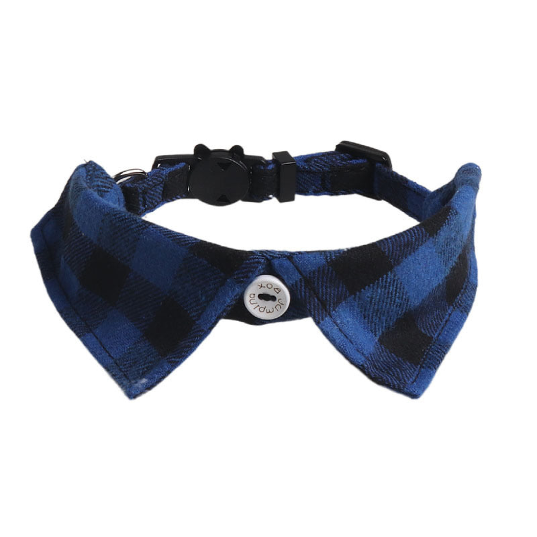 Blue and black buffalo plaid bow cat collar with cat-face buckle
