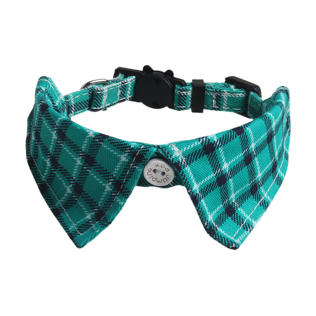 Turquoise and black plaid bow cat collar with cat-face buckle