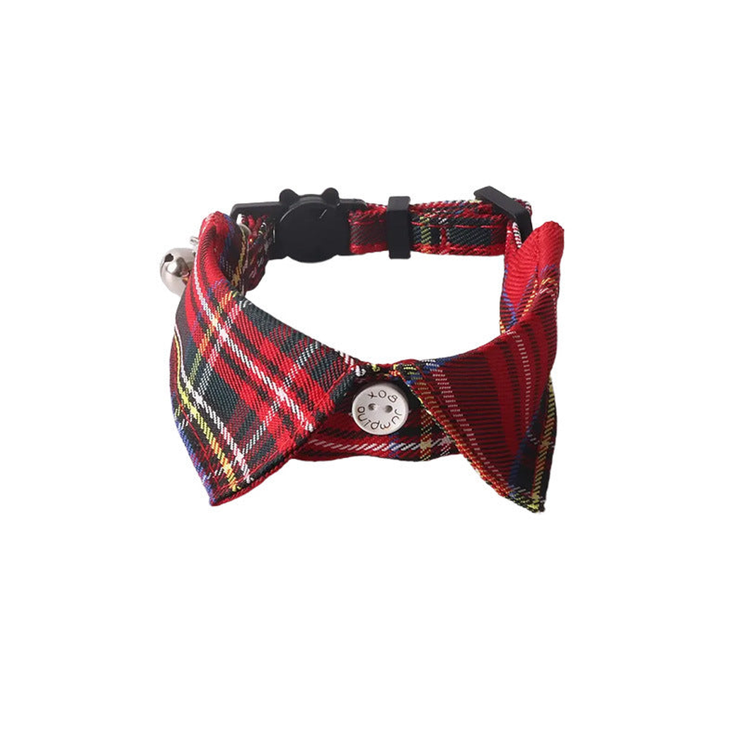 Red multicolor tartan bow cat collar with bell and cat-face buckle