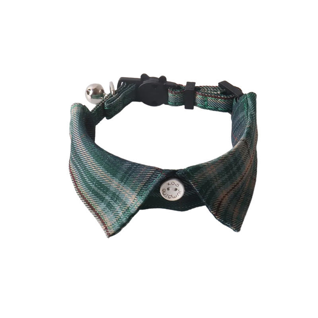 Dark green plaid bow cat collar with bell and cat-face buckle