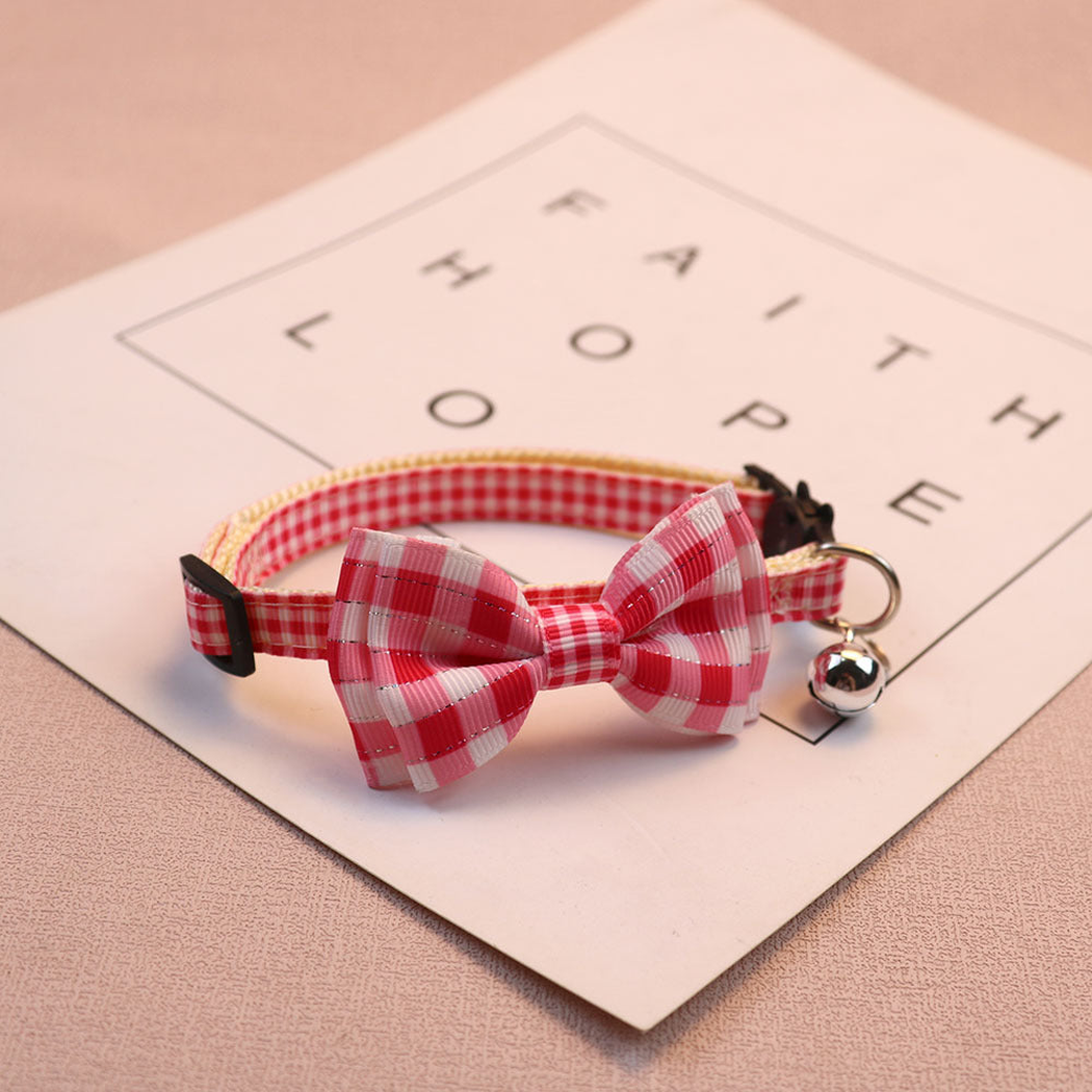Red gingham bow cat collar with bell
