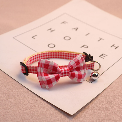 Red gingham bow cat collar with bell