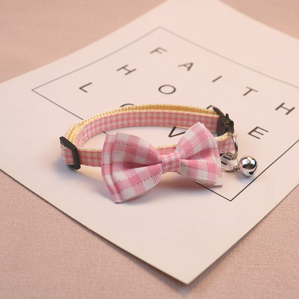 Pink gingham bow cat collar with bell