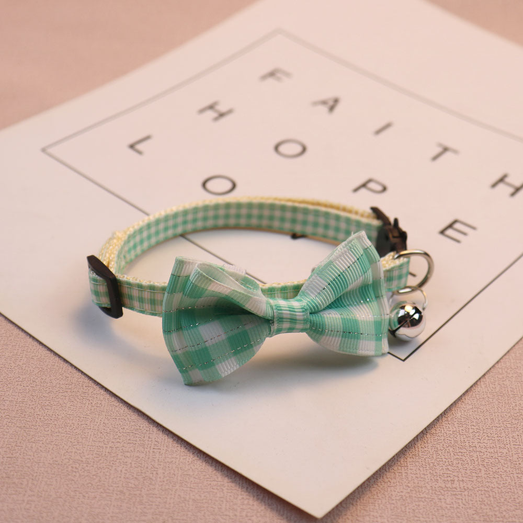 Mint green gingham bow cat collar with bell