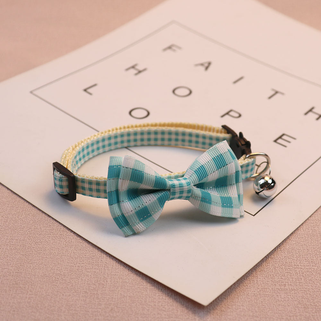 Light blue gingham bow cat collar with bell