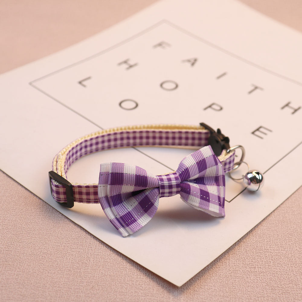 Purple gingham bow cat collar with bell