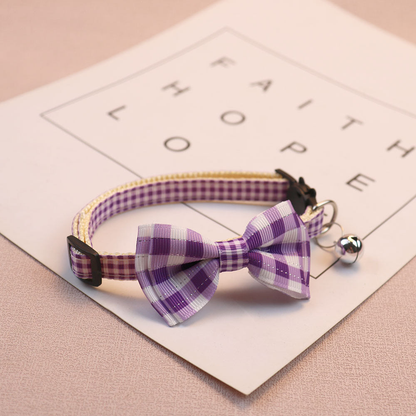 Purple gingham bow cat collar with bell