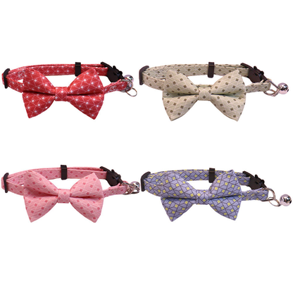 Red, pink, light green and blue geometric bow cat collars with bells