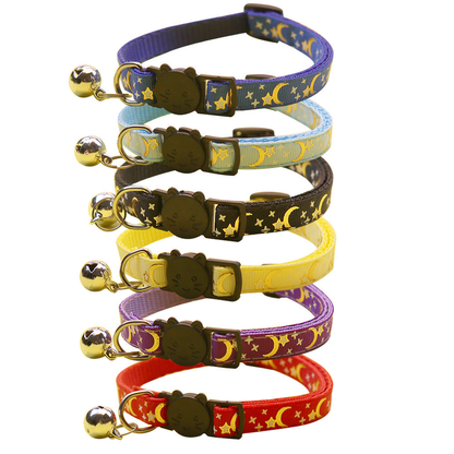 Six moon and star cat collars with bells displayed together