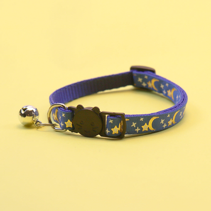 Royal blue moon and star cat collar with bell and cat-face buckle