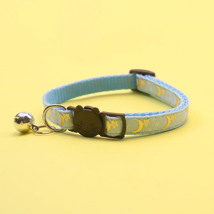 Light blue moon and star cat collar with bell and cat-face buckle