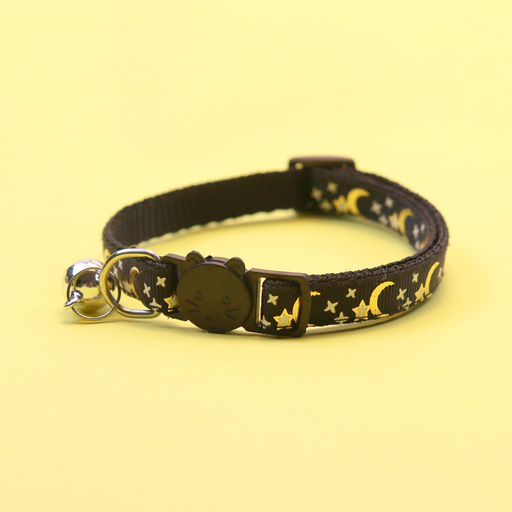 Black moon and star cat collar with bell and cat-face buckle