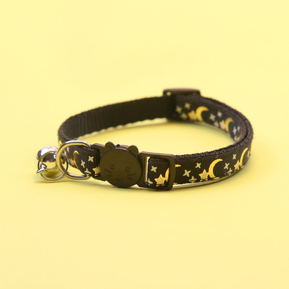 Black moon and star cat collar with bell and cat-face buckle