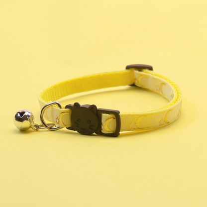 Yellow moon and star cat collar with bell and cat-face buckle
