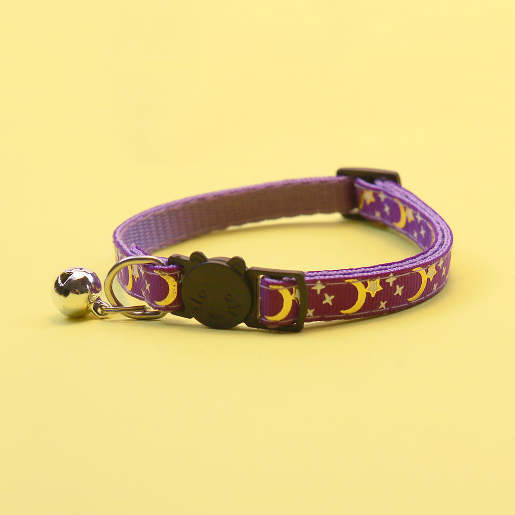 Purple moon and star cat collar with bell and cat-face buckle