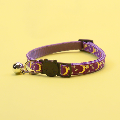 Purple moon and star cat collar with bell and cat-face buckle
