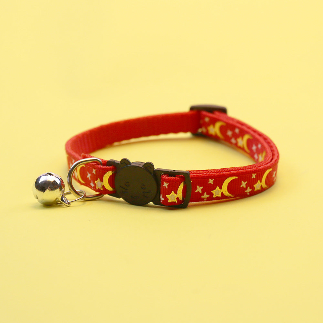 Red moon and star cat collar with bell and cat-face buckle