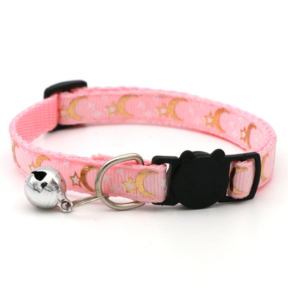 Pink moon and star cat collar with bell and cat-face buckle