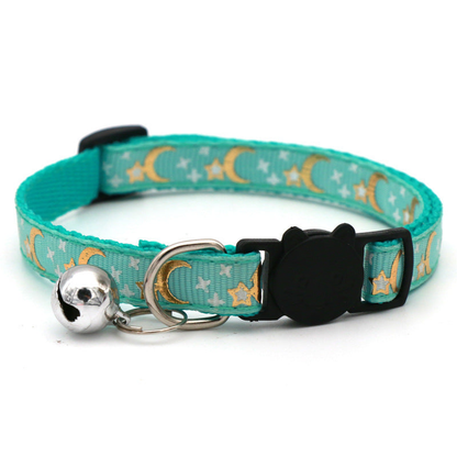 Mint green moon and star cat collar with bell and cat-face buckle