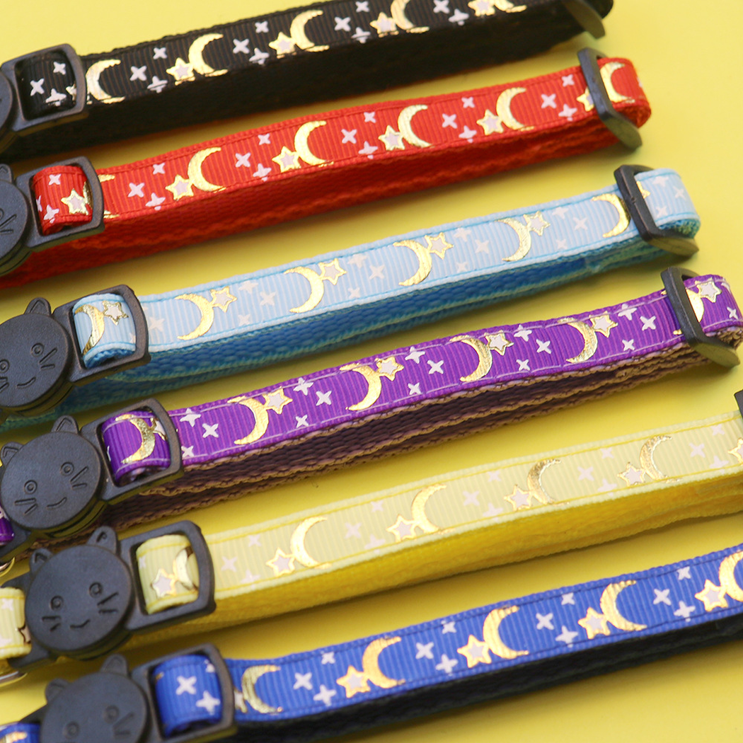 Close-up of the moon and star pattern across six collar colors