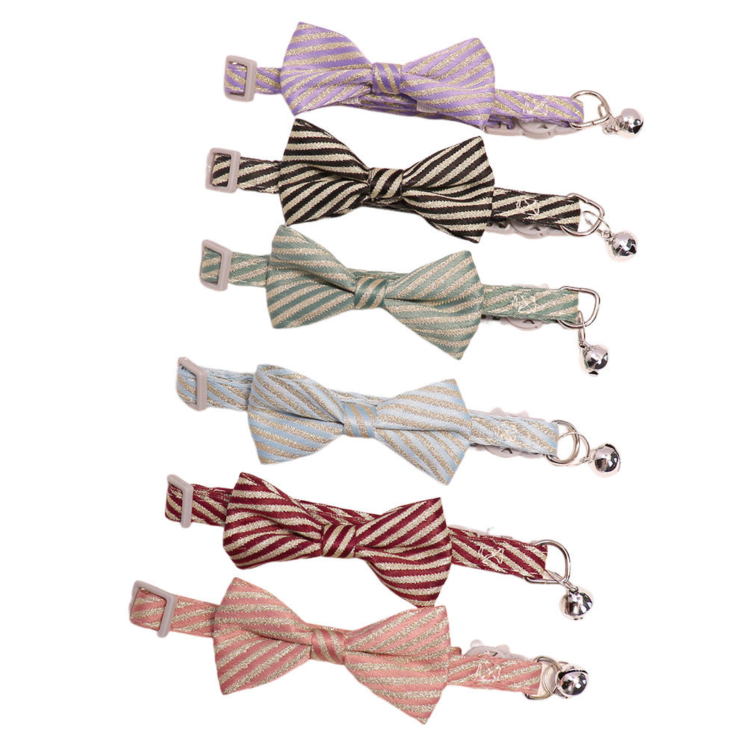 Six striped bow cat collars in assorted colors with bells