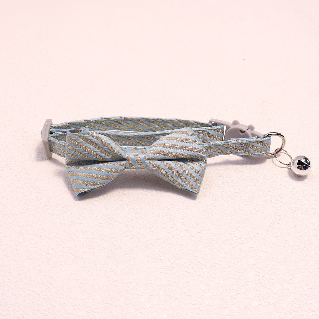 Light blue striped bow cat collar with bell and cat-face buckle