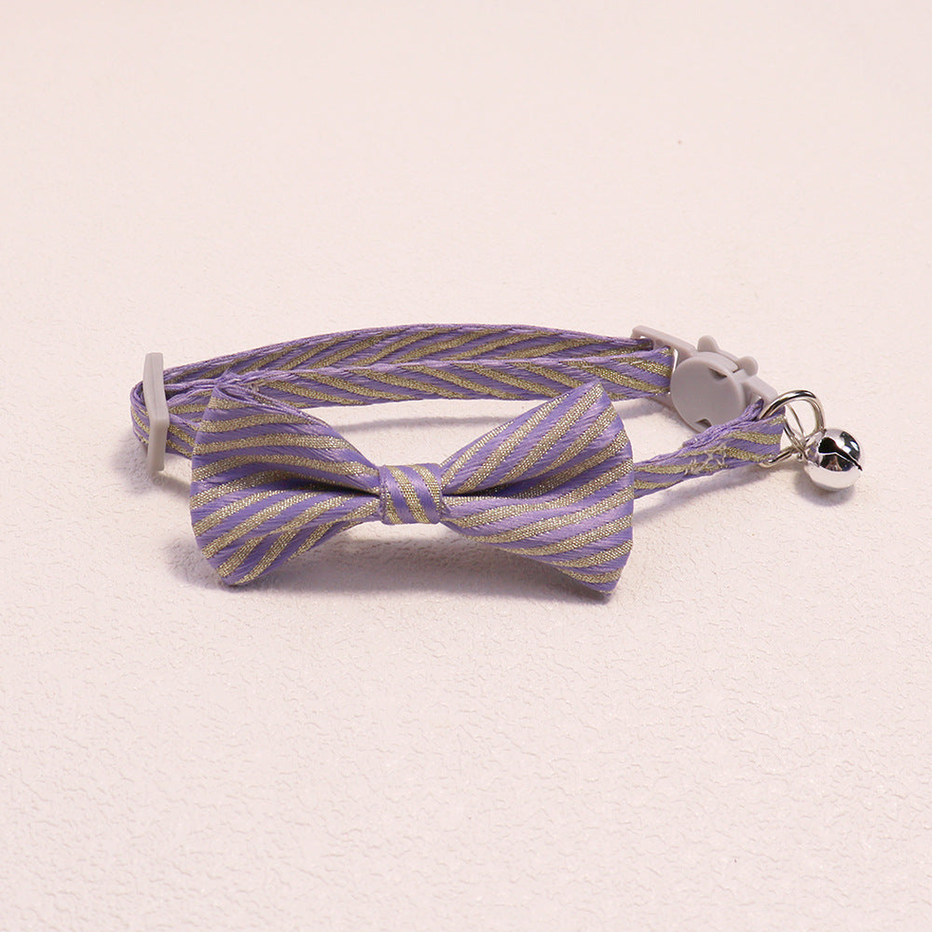 Light purple striped bow cat collar with bell and cat-face buckle