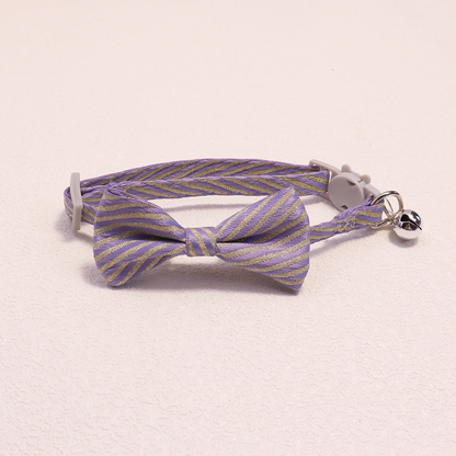 Light purple striped bow cat collar with bell and cat-face buckle
