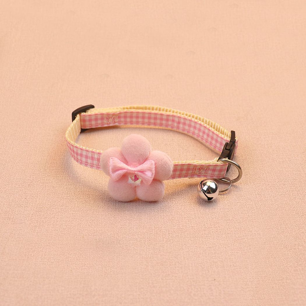 Light pink gingham cat collar with flower bow and bell