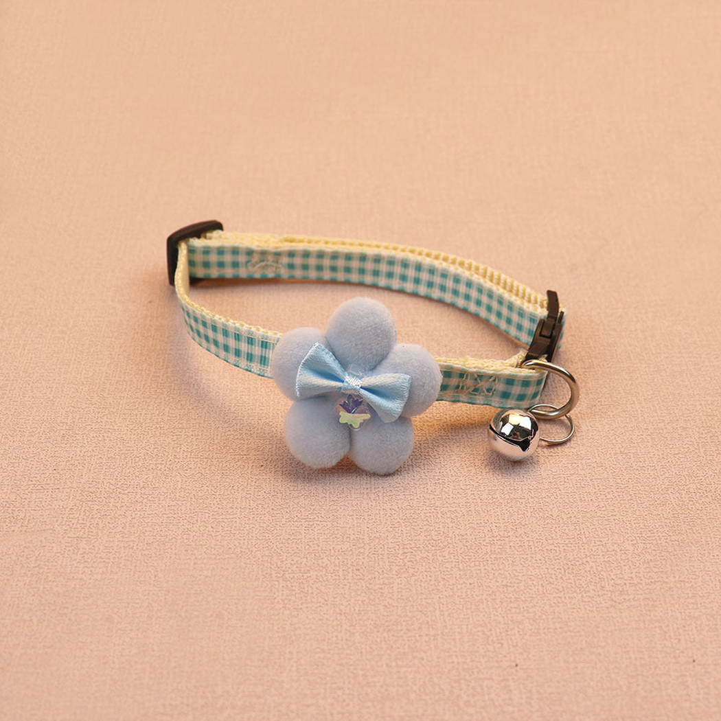 Sky blue gingham cat collar with flower bow and bell