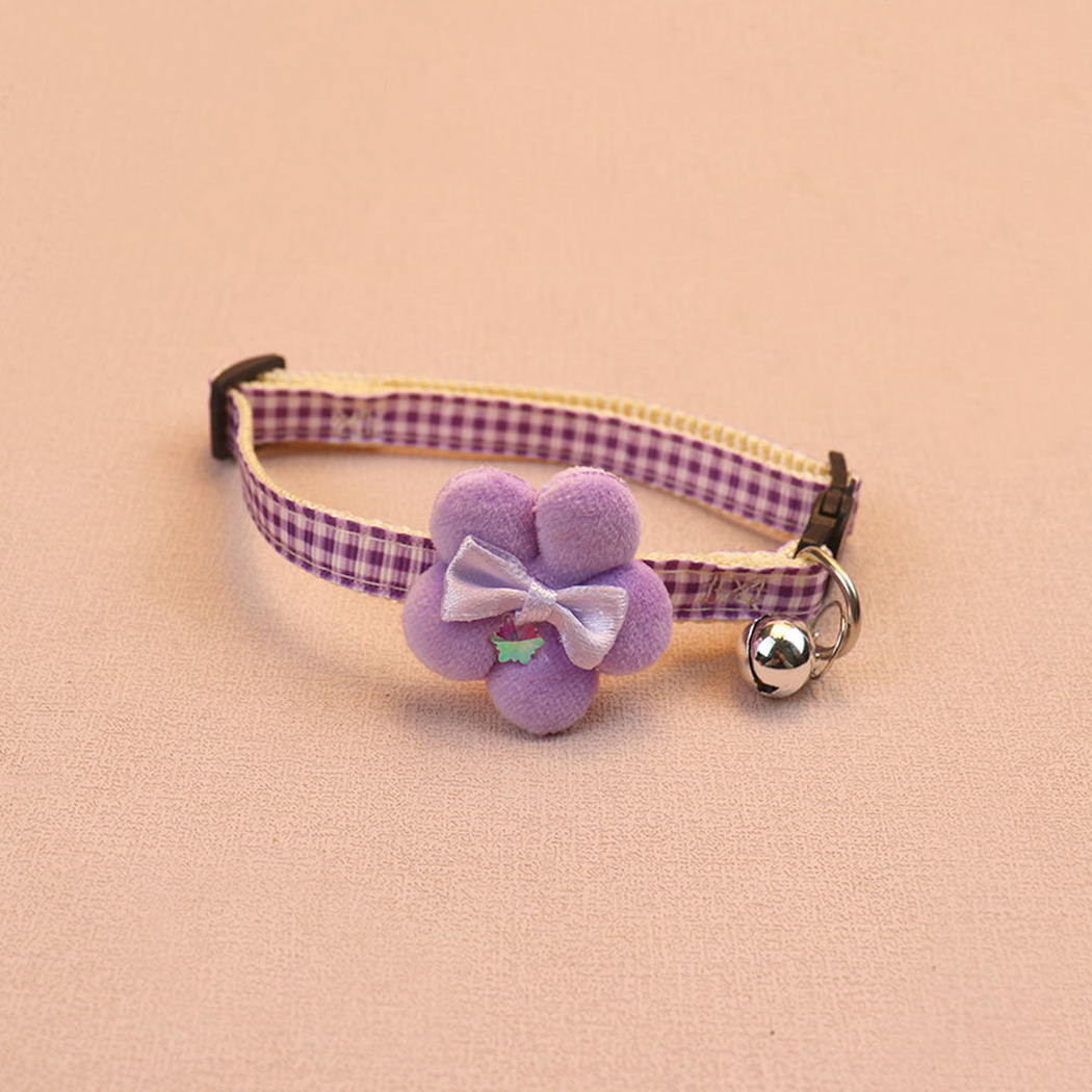 Light purple gingham cat collar with flower bow and bell