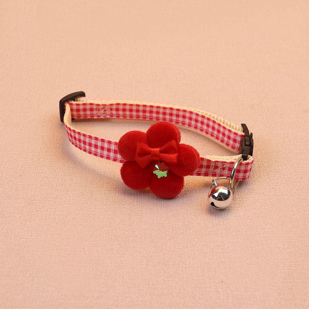 Red gingham cat collar with flower bow and bell