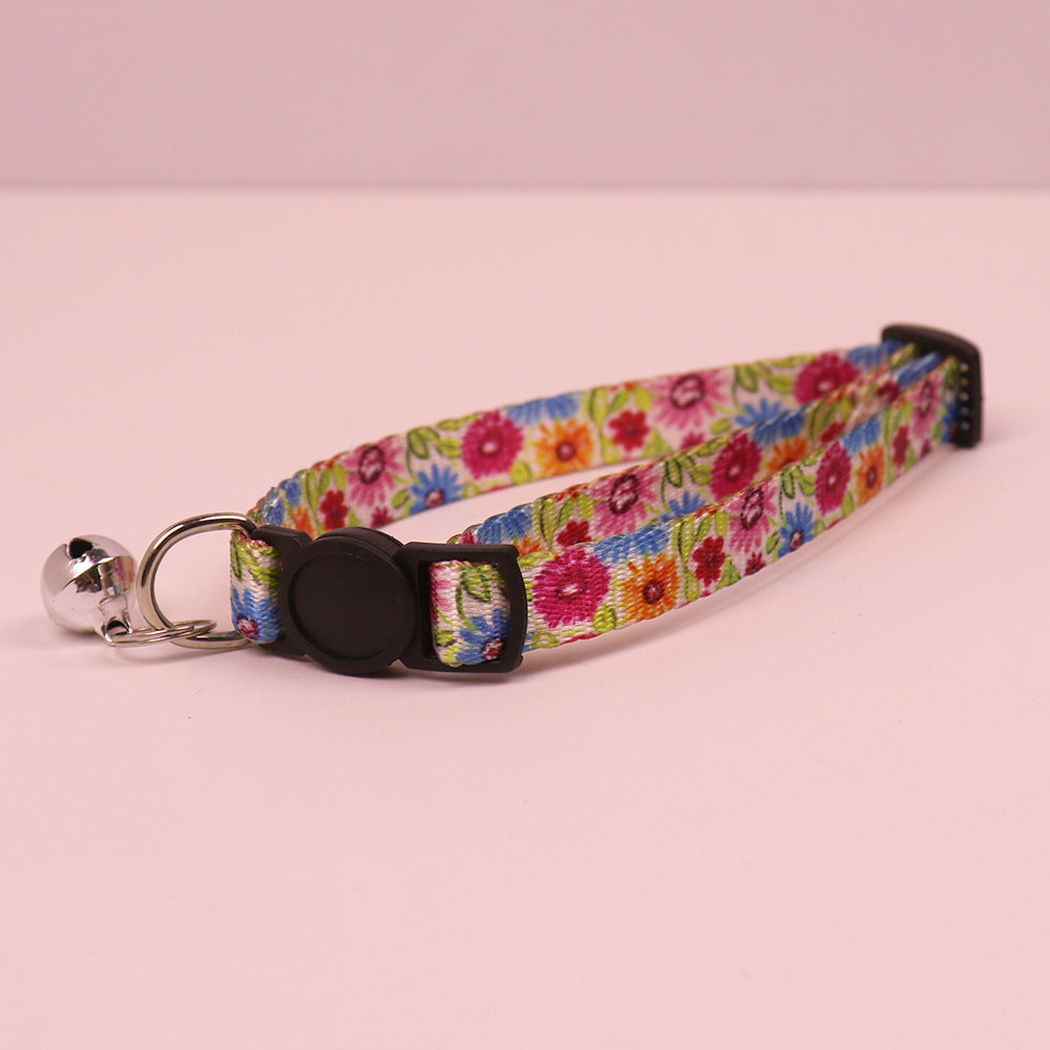 Multicolor floral cat collar with cat-face buckle and bell