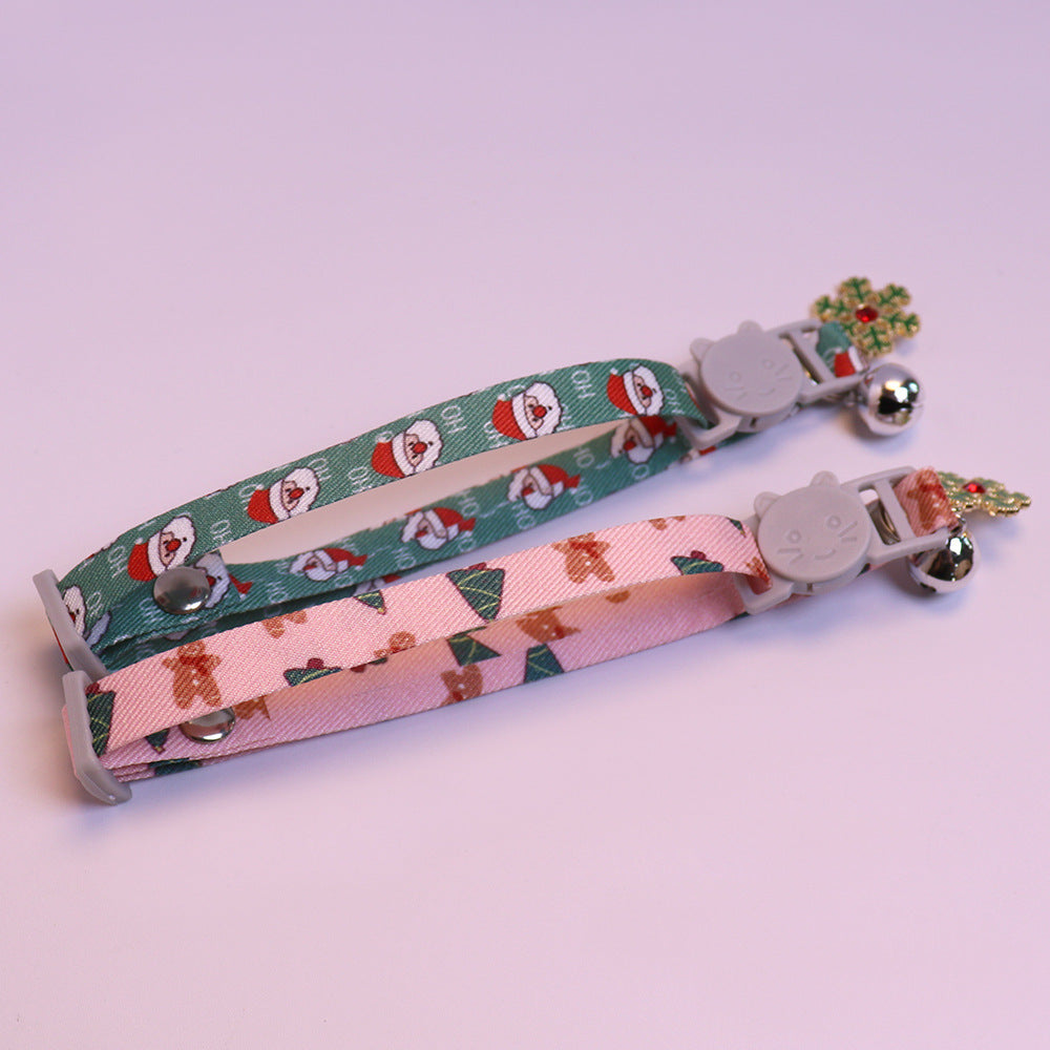 Green Santa and pink gingerbread cat collars with bells and snowflake charms