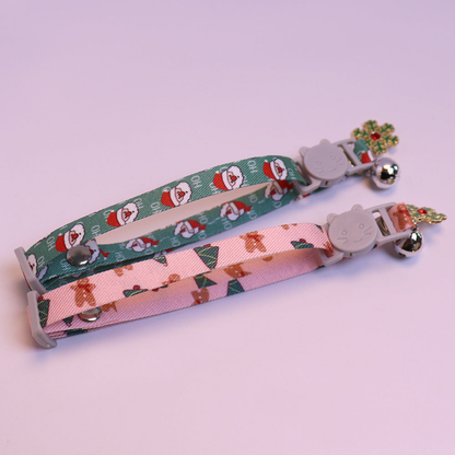 Green Santa and pink gingerbread cat collars with bells and snowflake charms