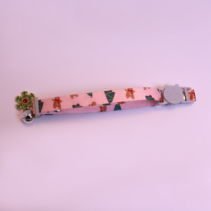 Pink tree and gingerbread-pattern cat collar with cat-face buckle, bell and snowflake charm