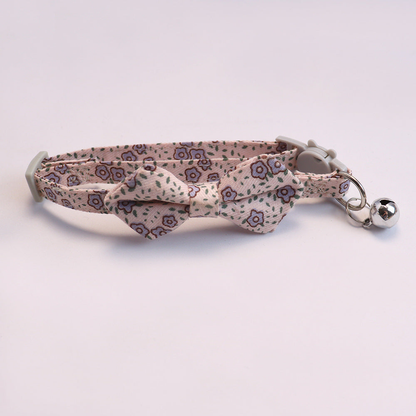 Dusty pink floral cat collar with bow and silver-tone bell