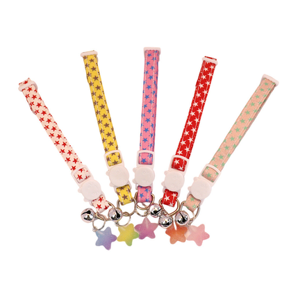 Five star-print cat collar colors arranged on a white background