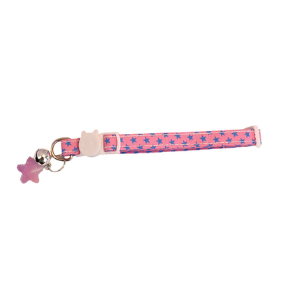 Pink cat collar with blue stars, bell and purple star charm