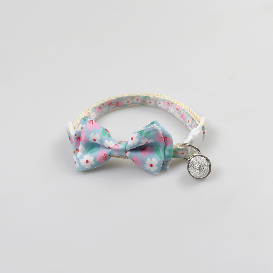 Light blue floral cat collar with bow and round bell
