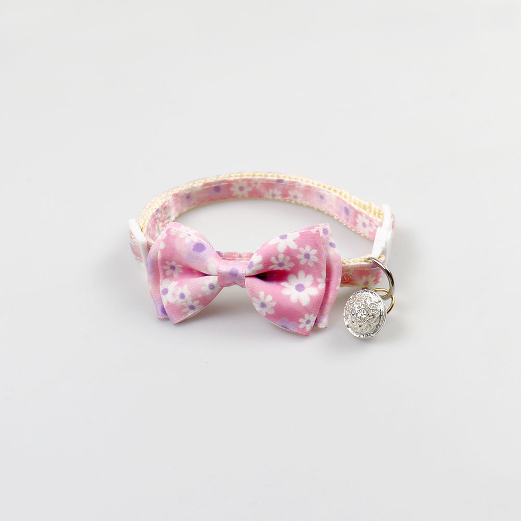 Light pink daisy floral cat collar with bow and round bell