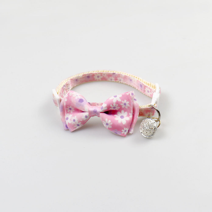 Light pink daisy floral cat collar with bow and round bell