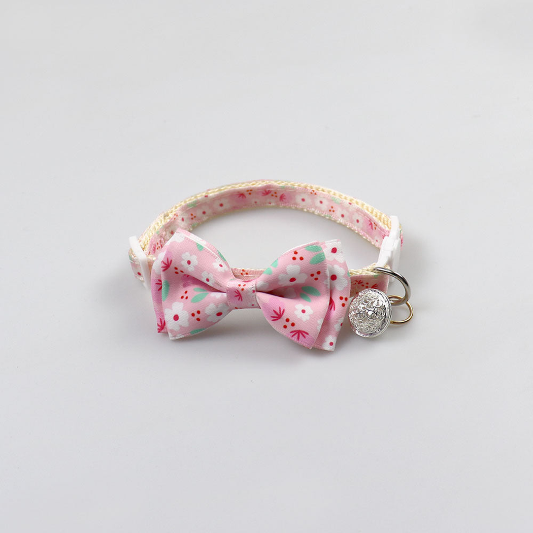 Pink floral cat collar with bow and round bell