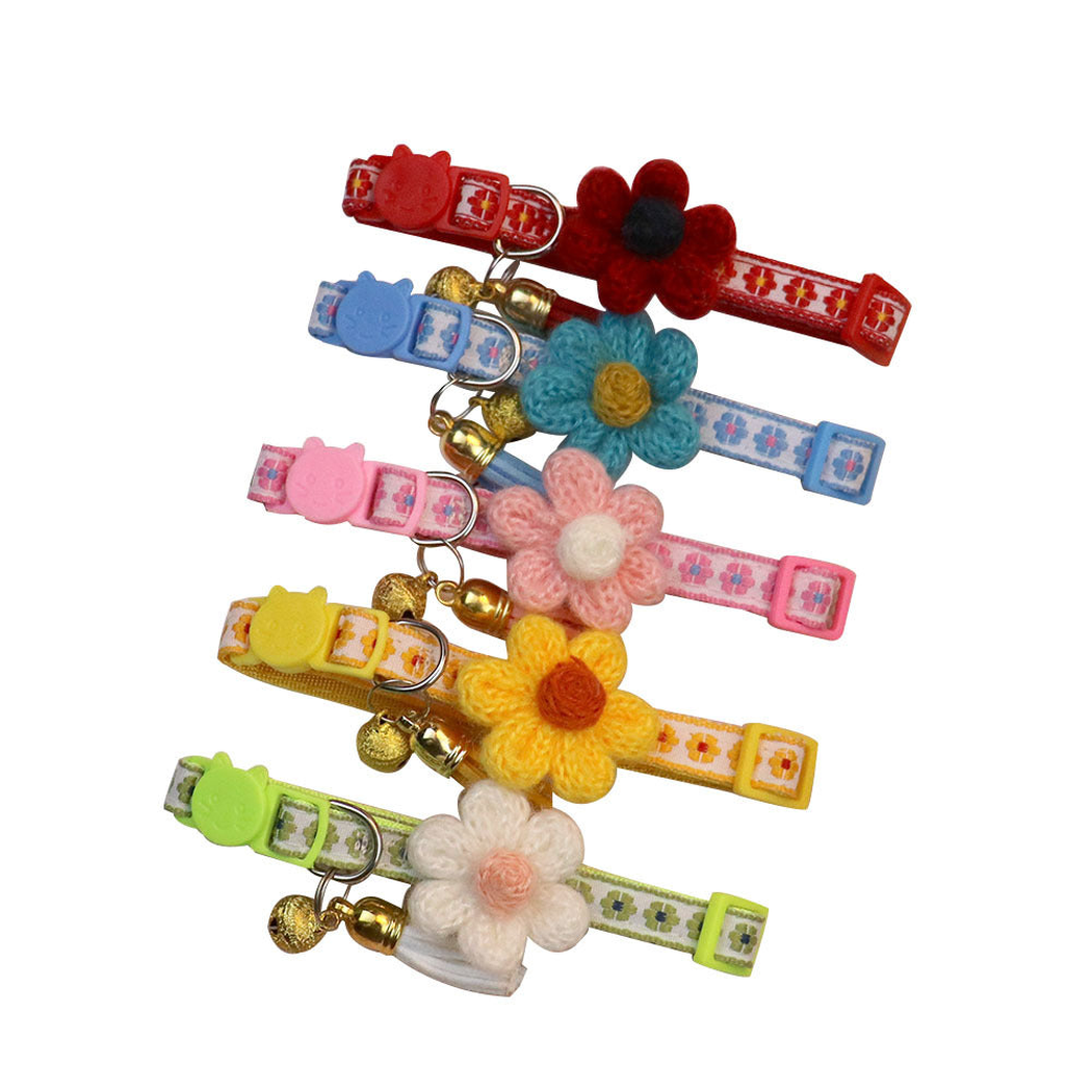Five floral cat collar colors displayed on a white background