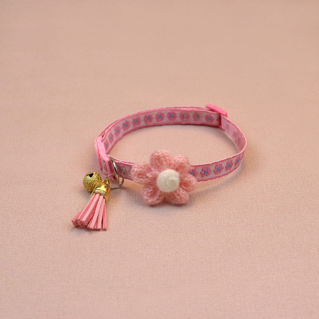 Pink floral cat collar with raised flower, bell and tassel