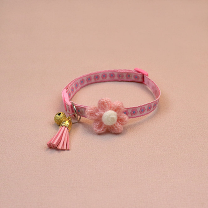 Pink floral cat collar with raised flower, bell and tassel