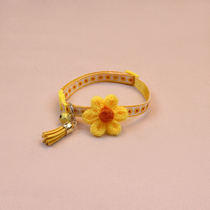 Yellow floral cat collar with raised flower, bell and tassel