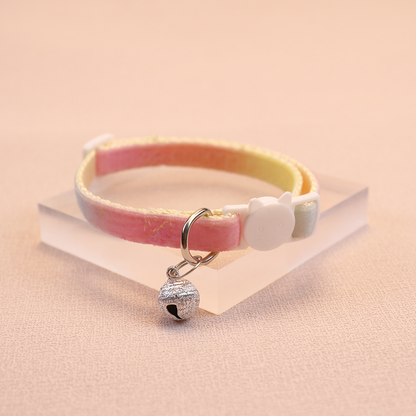 Pastel rainbow gradient cat collar with cat-face buckle and bell