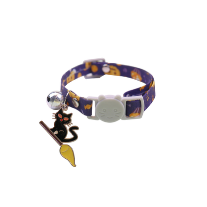 Purple Halloween cat collar with cat and broom charm