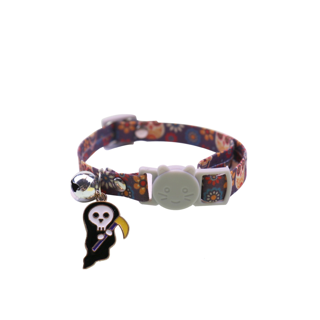 Navy floral skull cat collar with grim reaper charm